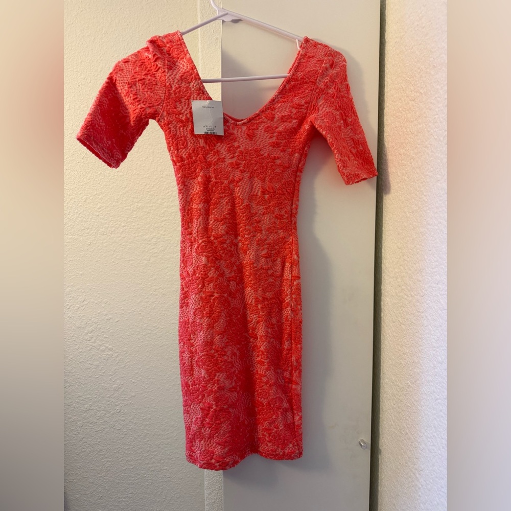 Topshop Vibrant Coral Stretchy Bodycon Lace Midi Dress